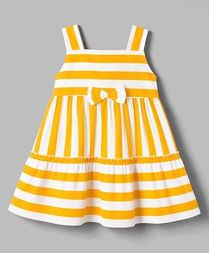 Babyhug Poplin Woven Sleeveless Striped Frock With Bow Applique - Yellow