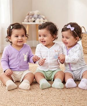 Babyhug 100% Cotton Interlock Knit Striped Full Sleeves Jhablas With Rabbit Print- Pack of 3 - Purple White