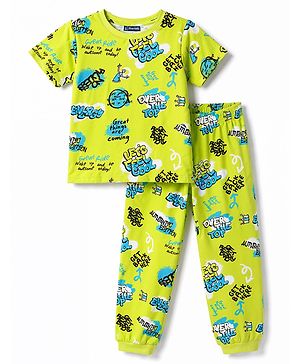 Pine Kids Cotton Knit Half Sleeves Text Printed Co-Ords T-Shirt & Pyjama Night Suit - Neon Green