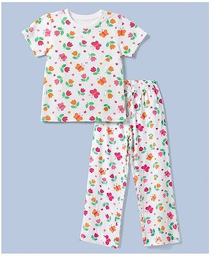 Pine Kids Cotton Knit Half Sleeves Co-Ords Top & Pyjama Night Suit with Butterfly & Floral Print - White
