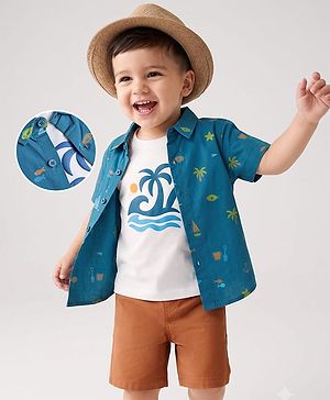 Babyhug Cotton Woven Half Sleeves Beach & Nautical Theme Printed Shirt & Shorts Set With Tee - White & Blue