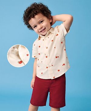 Babyhug 100% Cotton Woven Half Sleeves Tropical Theme Printed Shirt & Shorts Set - Red & White