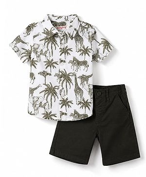 Babyhug 100% Cotton Woven Half Sleeves Shirt & Shorts Set with Jungle Safari Theme Print - Olive Green & White