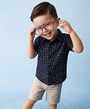 Babyhug 100% Cotton Woven Half Sleeves Floral Printed Shirt & Shorts Set - Navy Blue