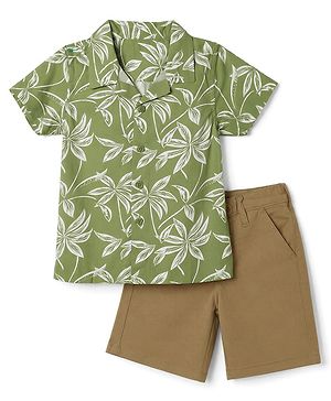 Babyhug 100% Cotton Woven Half Sleeves Tropical Theme Printed Shirt & Shorts Set - Green & Khaki