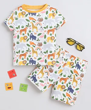 BABY NATION Cotton Knit Half Sleeves Animal
                      Printed Coordinating Tee & Shorts Set - White