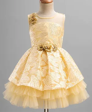 Enfance Net Woven Sleeveless
                              Sequinned Fit & Flared Party Dress
                              With Floral Corsage - Golden
