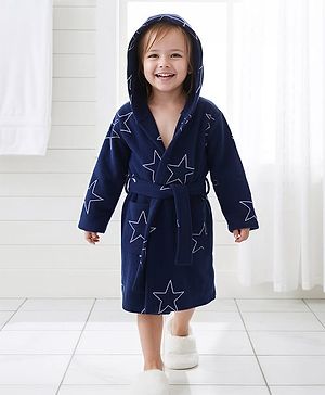 Babyhug Terry Knit Full Sleeves Hooded Bath Robe With Star Print - Navy Blue