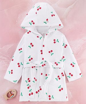 Babyhug Terry Knit Full Sleeves Cherry Printed Hooded Bath Robe - White