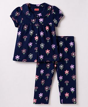 Babyhug 100% Cotton Knit Half Sleeves Peter Pan Collared Top & Pyjama Night Suit Floral Print - Navy Blue