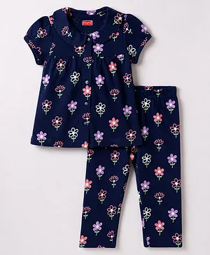 Babyhug Cotton Knit Half Sleeves
                              Peter Pan Collared Top & Pyjama Night
                              Suit Floral Print - Navy Blue