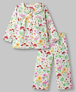 Babyhug Cotton Knit Full Sleeves Peter Pan Collared Top & Pyjama Night Suit Floral Print - White