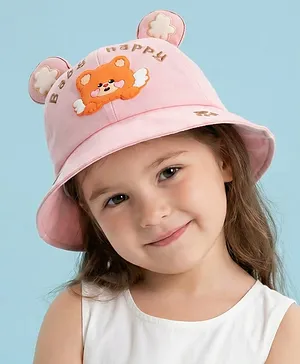 Vritraz Cotton Woven Bear Applique Detailed & Baby Happy Text Embroidered Bucket Hat - Pink - Circumference  52 - 56 Cm