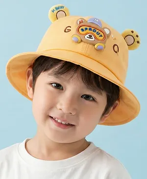 Vritraz Cotton Woven Bear Applique Detailed Bucket Hat - Yellow - Circumference - 52-56 Cm