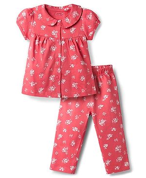 Babyhug 100% Cotton Knit Half Sleeves Front Open Top & Pyjama Night Suit with Floral Print - Red