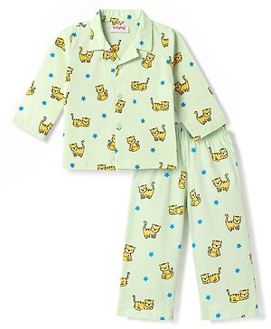 Babyhug Cotton Knit Full Sleeves Shirt & Pyjama Co-Ord Night Suit With Star & Cub Print - Green