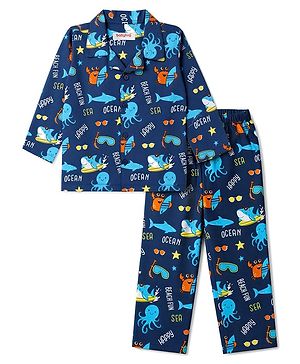 Babyhug 100% Cotton Woven Full Sleeves Front Open Co-Ords Sea Life Printed Shirt & Pajama Night Suit - Blue