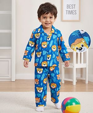 Babyhug 100% Cotton Woven Full Sleeves Front Open Co-Ords Cub Face Printed Shirt & Pajama Night Suit - Navy