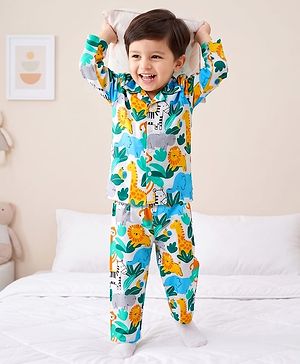 Babyhug 100% Cotton Knit Full Sleeves Front Open Co-Ords Animals Printed Shirt & Pajama Night Suit - White