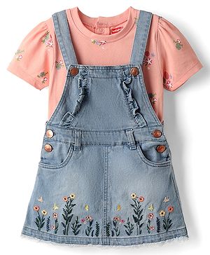 Babyhug Denim Woven Frock and Inner Tee with Half Sleeves and Floral Embroidery - Blue