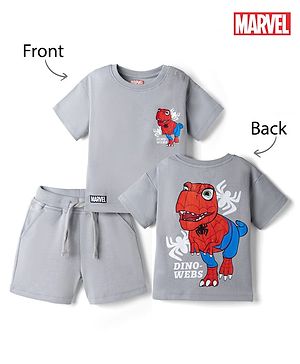 Bonfino Marvel 100% Cotton Knit Half Sleeves T-Shirt & Shorts Set With Front & Back Spider Man Graphic - Silver