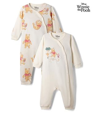 Bonfino Disney 100% Cotton Interlock Knit Full Sleeves Rompers With Winnie the Pooh Graphic Pack of 2 - White