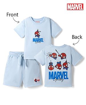 Bonfino Marvel 100% Cotton Knit Half Sleeves T-Shirt & Shorts Set With Spider Man Graphic - Light Blue
