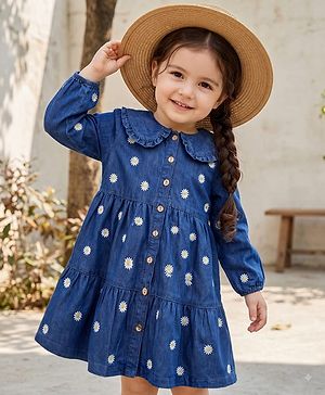 Babyhug Denim Woven Full Sleeves Floral Embroidered Frock - Blue