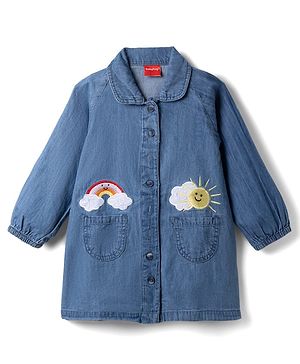 Babyhug Denim Woven Full Sleeves Shirt Dress with Rainbow & Sun Embroidery - Blue