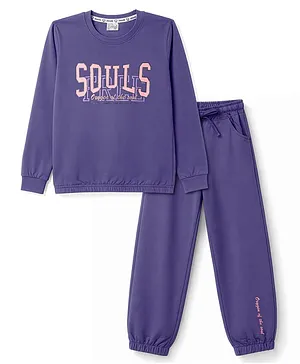 Olio Kids Looper Knit Full Sleeves
                              Sweatshirt & Jogger Winter Wear Suit
                              With Text Print - Purple