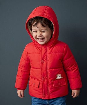 Babyhug Woven Full Sleeves Padded Hooded Jacket With Patch - Red