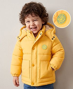 Babyhug Woven Full Sleeves Padded Hooded Jacket With Smiley Patch - Yellow