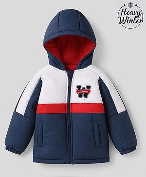 Babyhug Woven Full Sleeves Hooded Padded Winter Jacket With Varsity Print - Navy Blue