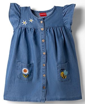 Babyhug Denim Woven Half Sleeves One Piece Dress With Floral & Bee Embroidery - Navy Blue
