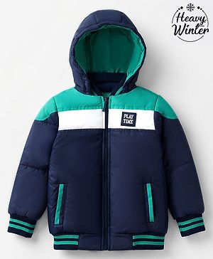 Babyhug Woven Full Sleeves Padded Hoodie with Play Time Patch - Navy Blue