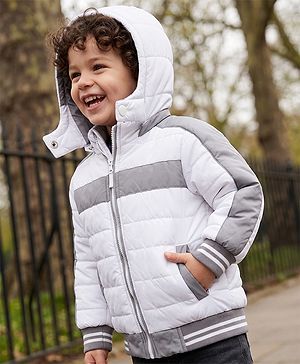 Babyhug Woven Full Sleeves Padded Jacket with Detachable Hood - White & Grey