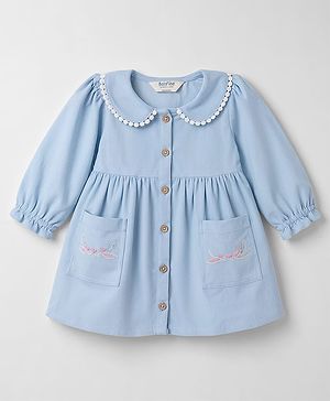 Bonfino 100% Cotton Woven Full Sleeves Heart Embroidered Corduroy Fit & Flare Dress Collar Detail - Light Blue