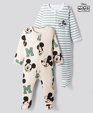 Bonfino Disney 100% Cotton Interlock Knit Full Sleeves Striped Sleep Suits with Mickey Mouse Graphic Print Pack of 2 - White & Cream