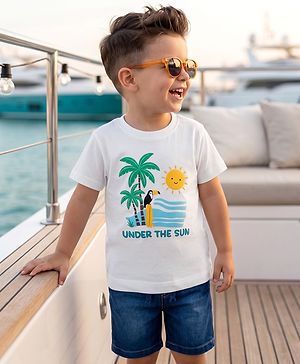 Babyhug Single Jersey Knit Half Sleeves Beach Theme Printed T-Shirt & Shorts Set - White & Blue