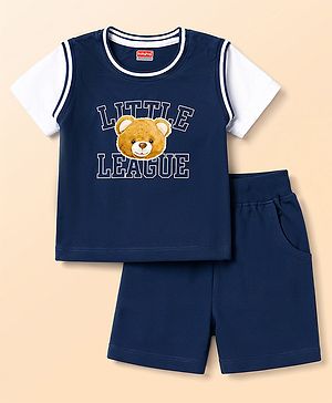 Babyhug 100% Cotton Single Jersey Knit Half Sleeves Bear & Text Printed T-Shirt & Shorts Set - Navy