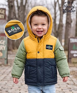 Babyhug Woven Full Sleeves Padded Hooded Jacket with Road Trip Patch -Yellow