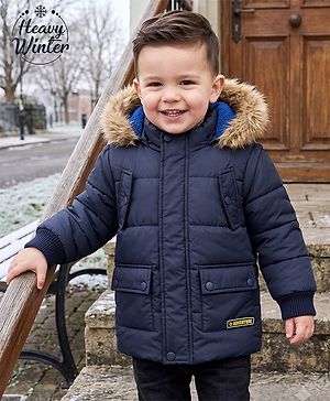 Babyhug Woven Full Sleeves Padded Quilted Jacket with Detachable Hood - Navy Blue