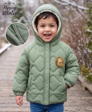 Babyhug Woven Full Raglan  Sleeves  Quilted Hooded Winter Jacket with Lion Patch - Olive