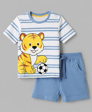 Babyhug 100% Cotton Single Jersey Knit Half Sleeves Striped T-Shirt & Short with Tiger Print - Light Blue