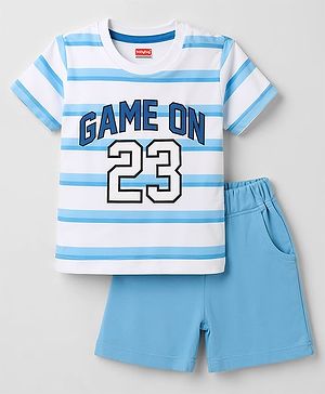 Babyhug 100% Cotton Knit Half Sleeves Striped & Text Printed T-Shirt & Shorts Set - Light Blue