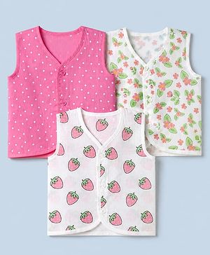 Babyhug 100% Cotton Cambric Knit Sleeveless Front Open Jhablas With Strawberry Floral Print Pack of 3 - Pink , Yellow White