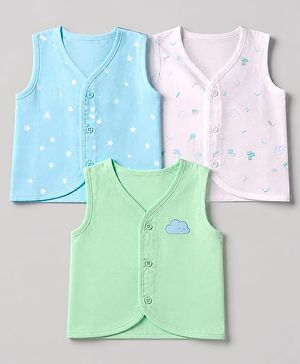 Babyhug 100% Cotton Cambric Woven Front Open Sleeveless Jhablas with Moon Star Cloud Pack of 3 - Light Blue, Light Green, Light Pink