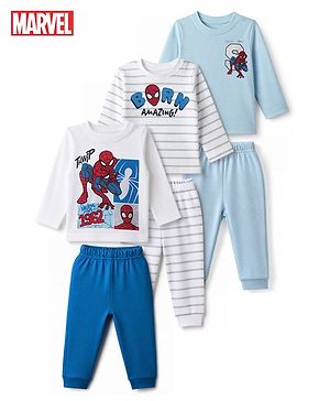 Bonfino Marvel 100% Cotton Interlock Knit Full Sleeves Striped T-Shirt & Pyjama Night Suit with Spider Man Graphic Pack of 3 - White & Sky Blue