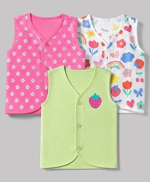 Babyhug 100% Cotton Cambric Woven Sleeveless Jhablas With Floral & Strawberry Print Pack of 3 - Pink, Green & White