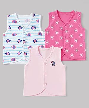Babyhug 100% Cotton Cambric Woven Sleeveless Jhablas With Fish & Heart Print Pack of 3 - Pink Peach & White